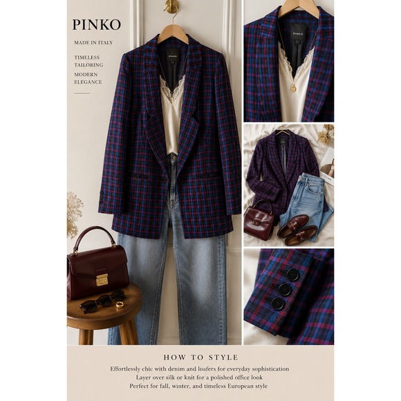 Pinko Jackets & Blazers - Pinko Plaid Blazer Jacket Women Italy Blue Burgundy Single Button Sz4 office